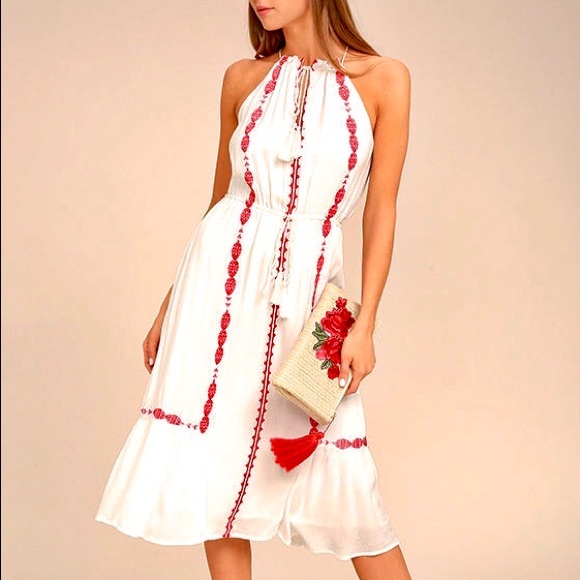 Lulus Dresses & Skirts - Lulu’s Boho Embroidered Halter Neck Midi Dress